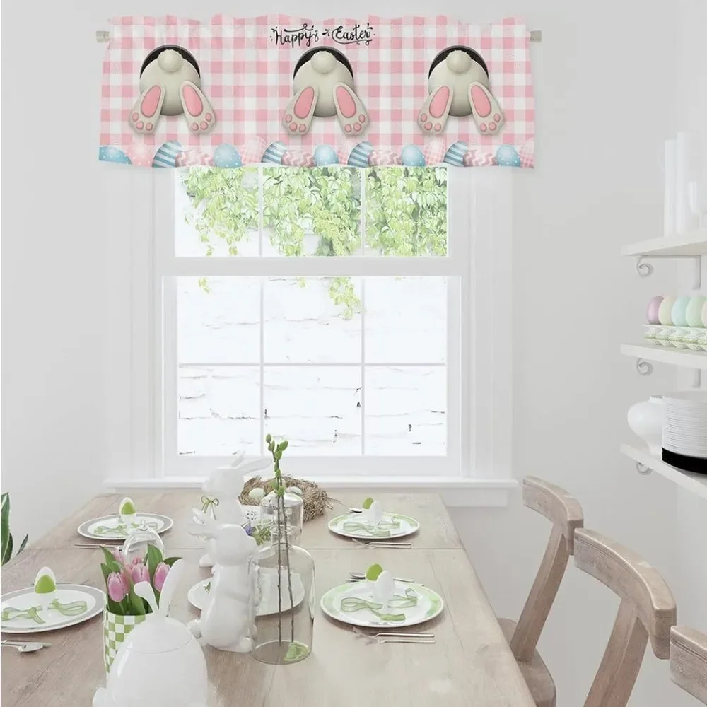 Easter Curtain Valances for Windows, Bunny Easter Eggs Floral Spring Pink Plaid - Picture 8 of 8